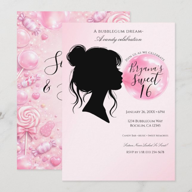 Pink Bubblegum Dream Candy Sweet 16 Celebration   Einladung (Vorne/Hinten)