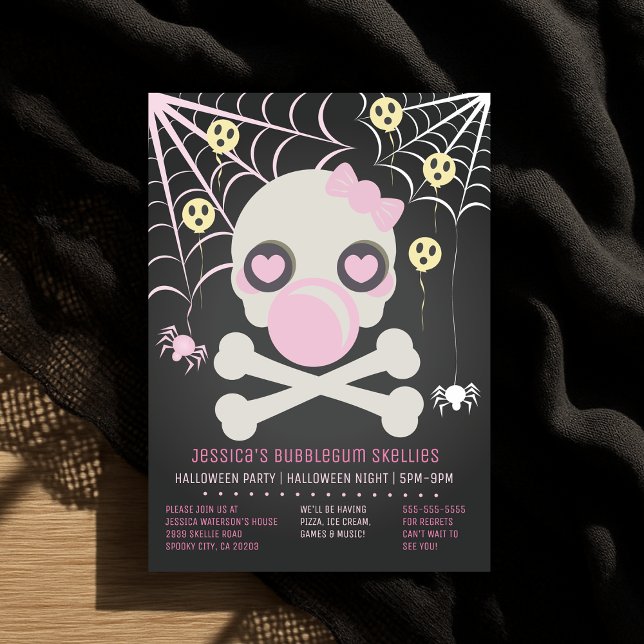 Pink Bubblegum Skellies Halloween Skeleton Party Einladung (Pink Bubblegum Skellies Halloween Skeleton Party)