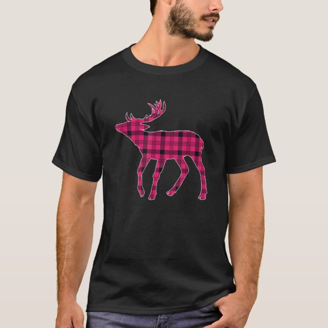 Pink Buffalo Kariert Hirschrecken Kopf Weihnachten T-Shirt (Vorderseite)