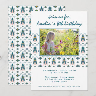 Pink Bugs Blume Pattern Girl Foto Geburtstag Einladung
