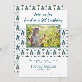 Pink Bugs Blume Pattern Girl Foto Geburtstag Einladung