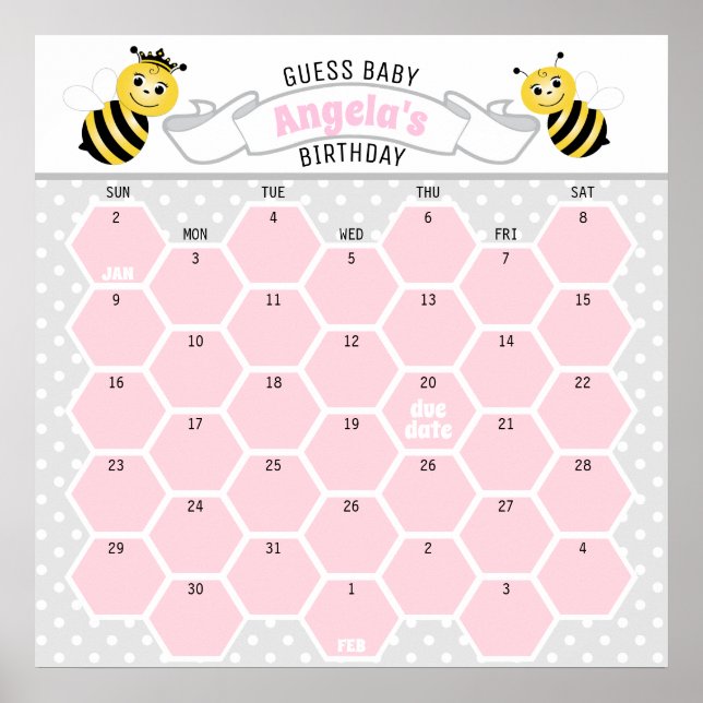 Pink Bumble Bee Baby Birthday Predictionary Calend Poster (Vorne)
