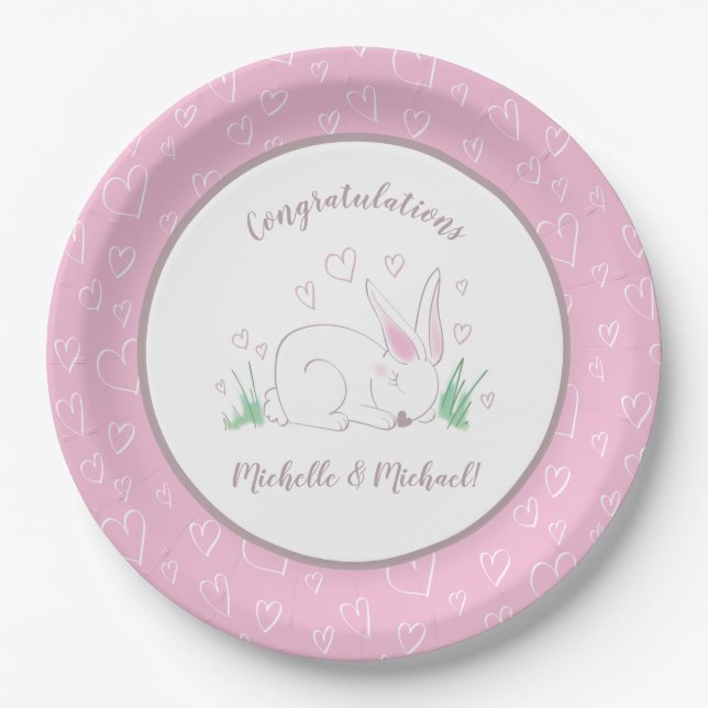 Pink Bunny Baby Dusche Woodland Wasserfarbe Pappteller (Vorderseite)