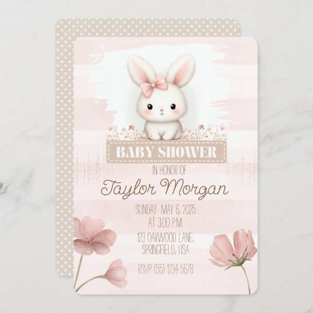 Pink Bunny Baby Shower Invitation Einladung (Vorne/Hinten)