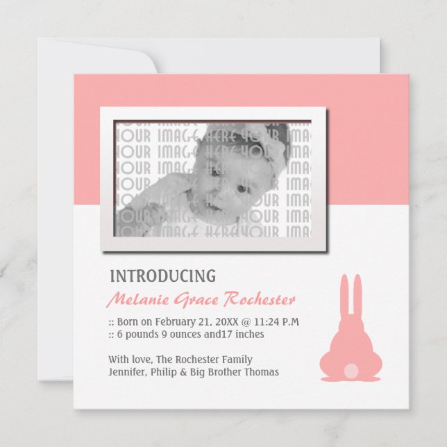 Pink Bunny Birth Ankündigung (Vorderseite)
