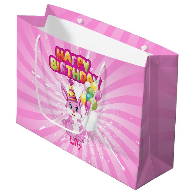 Pink Bunny Birthday Cartoon Große Geschenktüte (Vorderseite Schrägansicht)