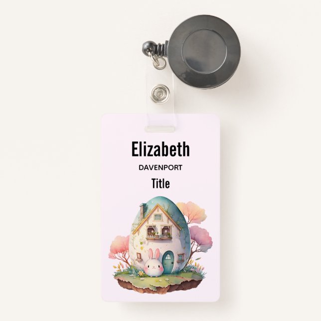 Pink Bunny & Egg Shaped House Kawaii Style Ausweis (Vorderseite mit Rechteck)