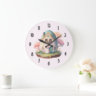Pink Bunny & Egg Shaped House Kawaii Style Große Wanduhr