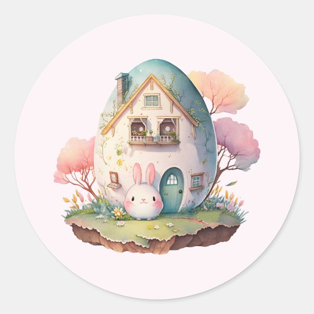 Pink Bunny & Egg Shaped House Kawaii Style Runder Aufkleber (Vorderseite)