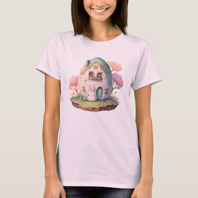 Pink Bunny & Egg Shaped House Kawaii Style T-Shirt (Vorderseite)
