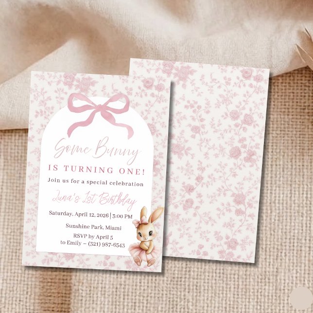 Pink Bunny First Birthday Invitation Girl Party Einladung (Von Creator hochgeladen)