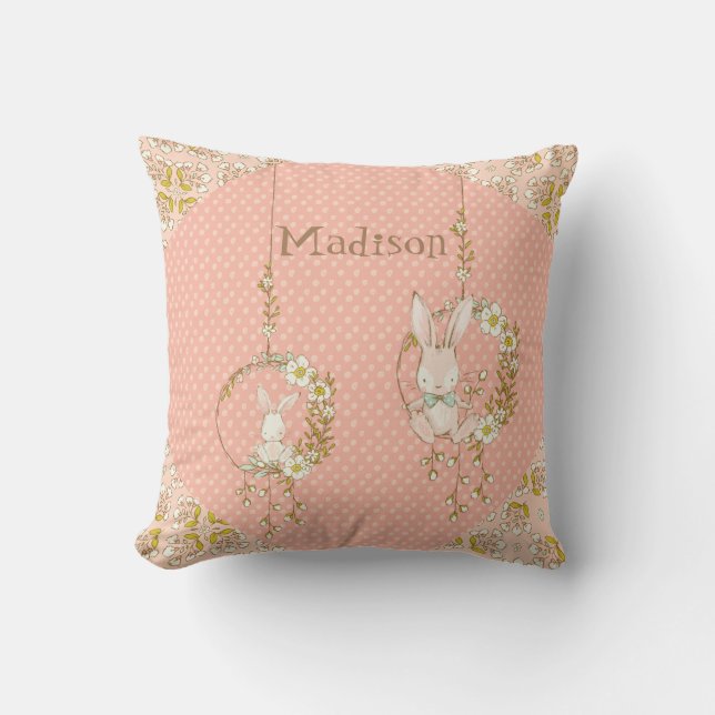 Pink Bunny Floral Baby Girl Personalisiertes Kinde Kissen (Vorderseite)