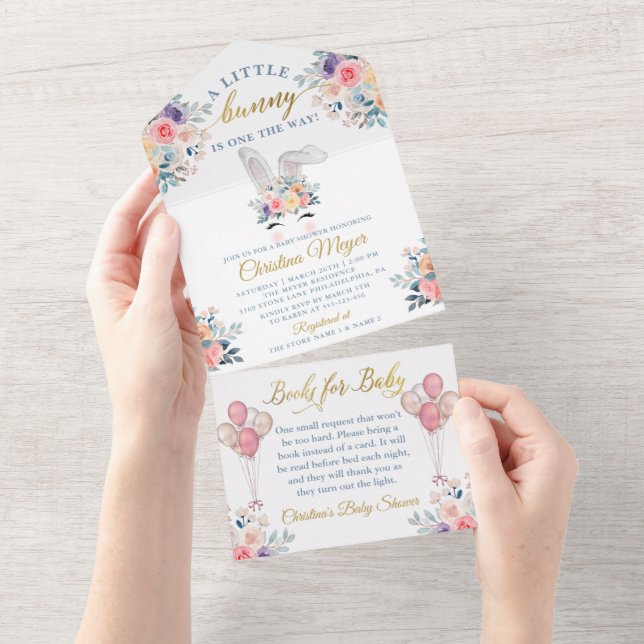 Pink Bunny Floral Baby Showbücher für Baby All In One Einladung (Abreißen)