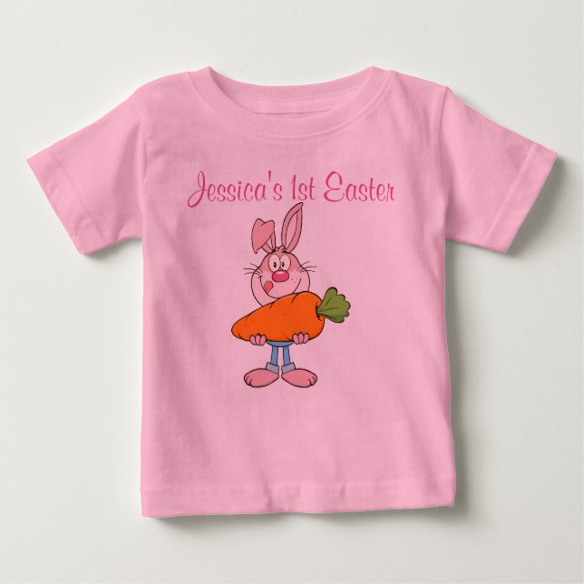 Pink Bunny Holding riesige Carrot Custom Pink Baby T-shirt (Vorderseite)