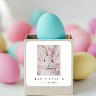 Pink Bunny mit Blumen Ostern Quadratischer Aufkleber