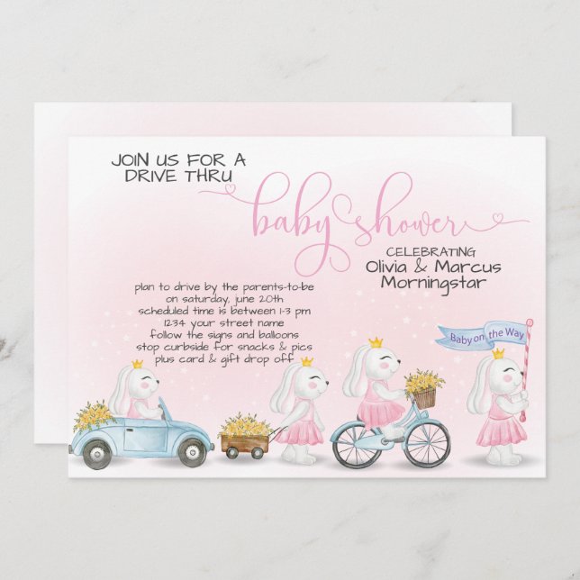 Pink Bunny Parade Drive Thru Baby SHower Einladung (Vorne/Hinten)