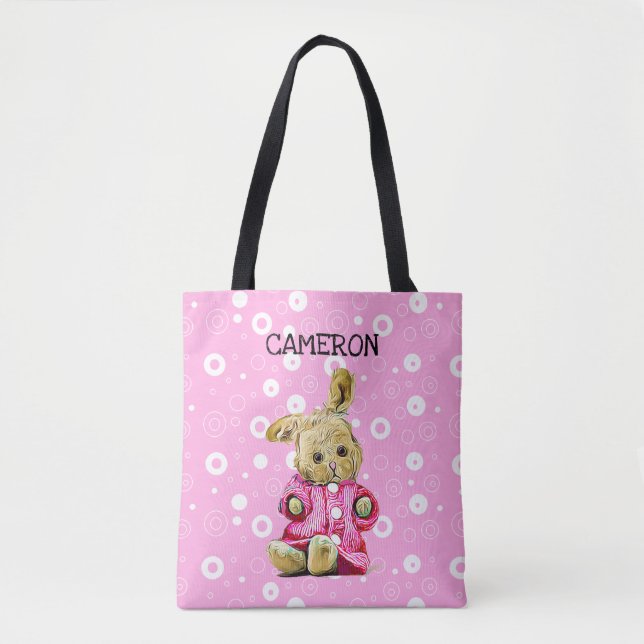 Pink Bunny Personalisiert White Polka Dot Tote Tas (Vorderseite)