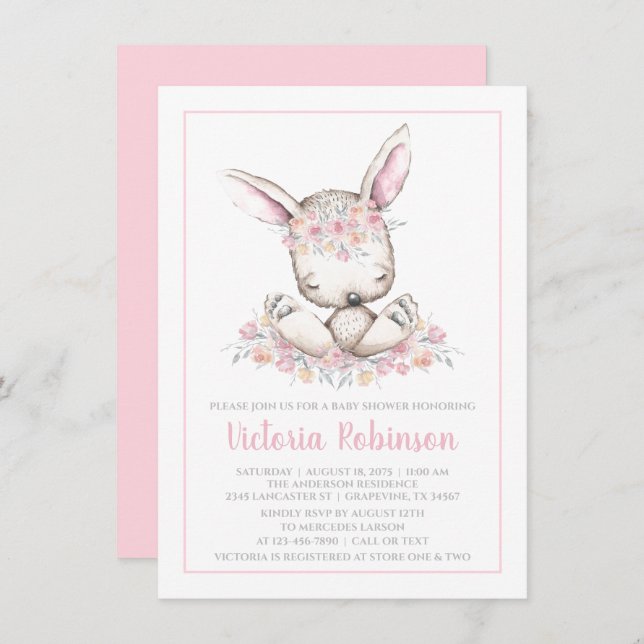 Pink Bunny Rabbit Babydusche Einladung (Vorne/Hinten)
