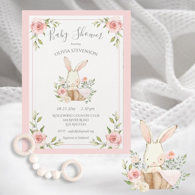 Pink Bunny Rabbit Columned Paper Baby Dusche Einladung (Von Creator hochgeladen)