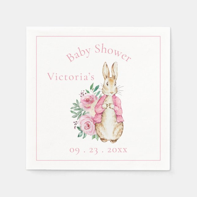 Pink Bunny Rabbit Floral Baby Dusche Serviette (Vorderseite)