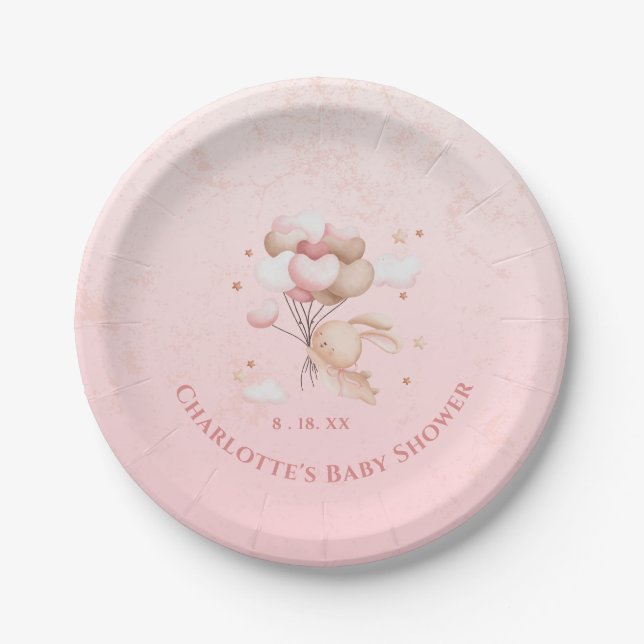Pink Bunny Rabbit Herz Balloons Babydusche Pappteller (Vorderseite)