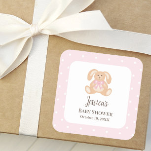 Pink Bunny Rabbit Niedlich Polka Dots Girl Babydus Quadratischer Aufkleber