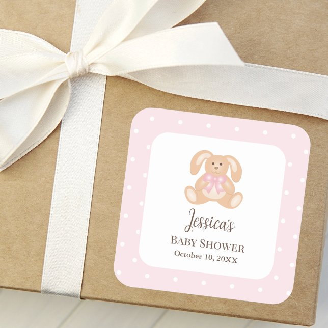 Pink Bunny Rabbit Niedlich Polka Dots Girl Babydus Quadratischer Aufkleber (Von Creator hochgeladen)