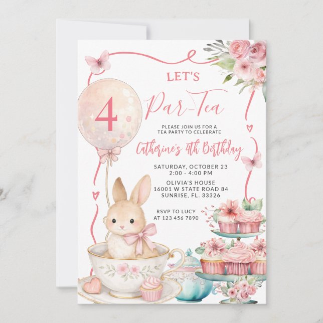 Pink Bunny Tea Party Birthday Let’s Par Tea Einladung (Vorderseite)