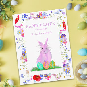 Pink Bunny und Eggs Boho Floral Ostern Feiertagspostkarte