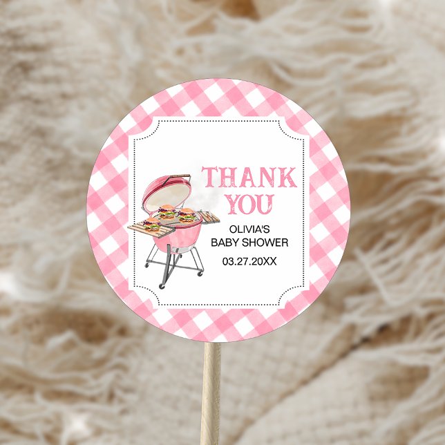 Pink Burger GRILLEN Babydusche Runder Aufkleber (Pink Burger BBQ Baby Shower Sticker)