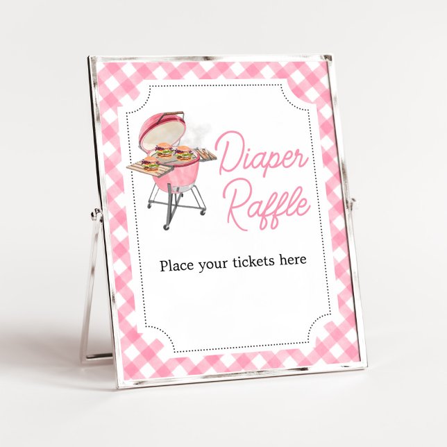 Pink Burger GRILLEN Babydusche Windelwanne Raffel Poster (Girl Backyard BBQ Baby Shower Diaper Raffle Sign)