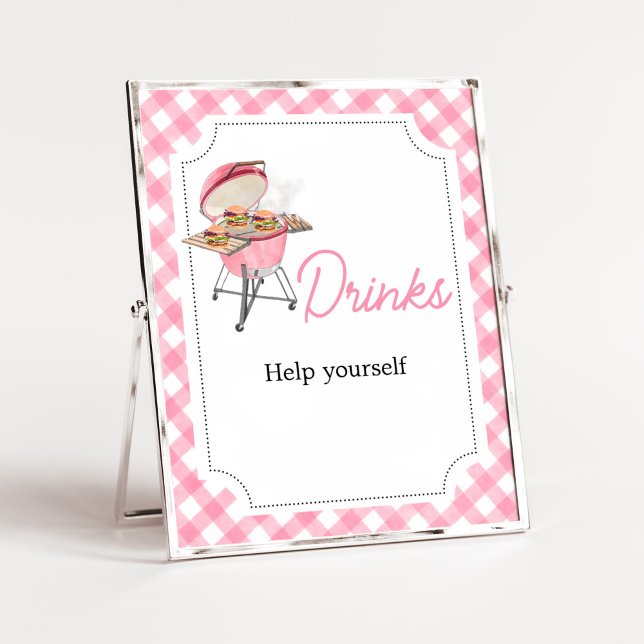 Pink Burger GRILLEN Babyduschgetränke Poster (Girl Backyard BBQ Baby Shower Drinks Sign)