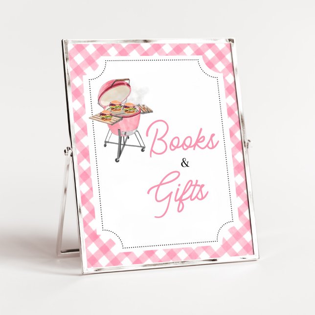 Pink Burger GRILLEN Kinderdusche Bücher und Gesche Poster (Girl Backyard BBQ Baby Shower Books and Gifts Sign)