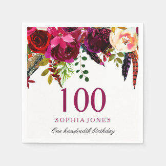 Pink & Burgund Boho Floral 100. Geburtstagsparty Serviette