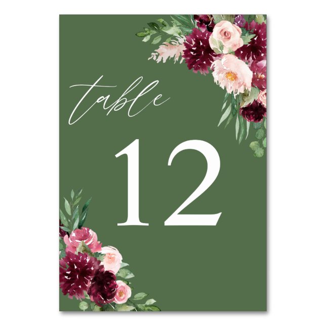 Pink & Burgund Floral 7 - Grün Tischnummer (Vorderseite)