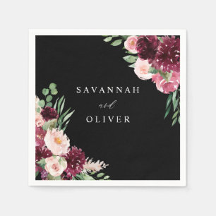 Pink & Burgund Floral 7 Name - Black Napkins Serviette