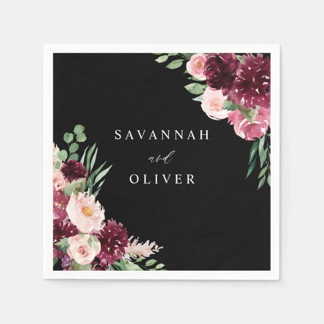 Pink & Burgund Floral 7 Name - Black Napkins Serviette (Vorderseite)