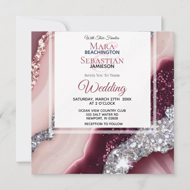 *~* PINK BURGUNDY Agate UAWG QR AR66 Wedding Einladung (Vorderseite)