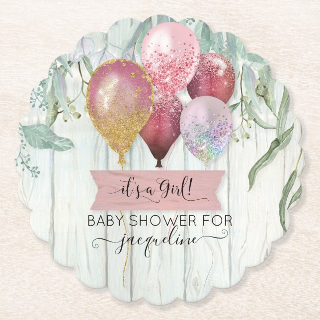 Pink Burgundy Balloon Wood Rustic Baby Girl Dusche Untersetzer (Vorderseite)