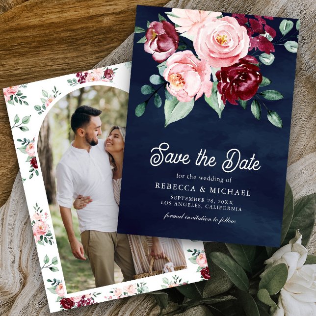 Pink Burgundy Blues Foto Navy Blue Wedding Save The Date (Von Creator hochgeladen)