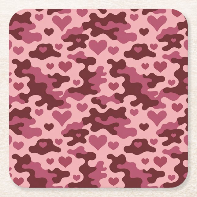 Pink Burgundy Camouflage Herz Untersetzer Set (Vorderseite)