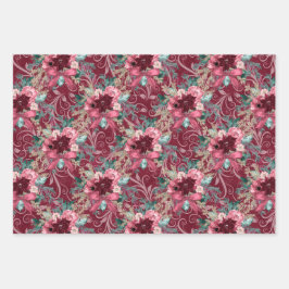 PINK BURGUNDY CHRISTMAS WATERCOLOR BLUME GESCHENKPAPIER SET