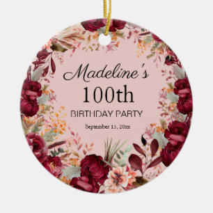 Pink Burgundy Floral 100. Geburtstag Keepake Keramik Ornament