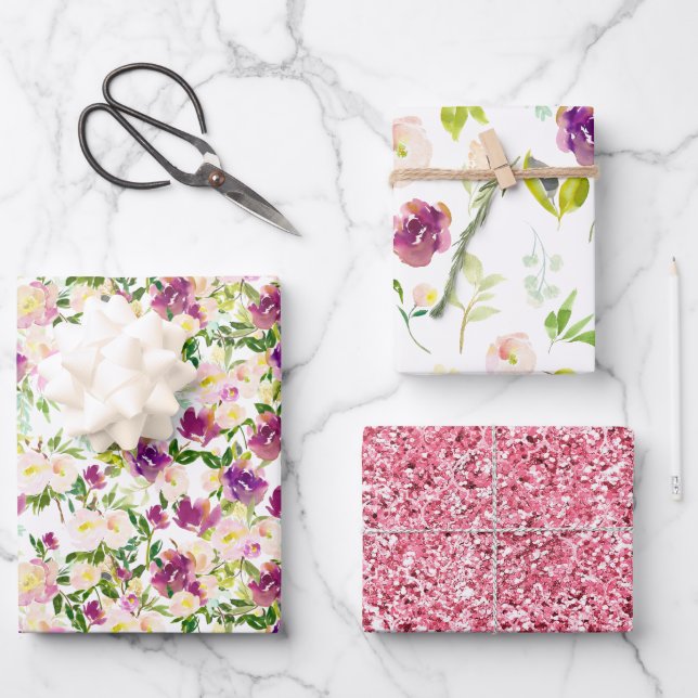Pink Burgundy Floral Geschenkpapier Set (Vorderseite)