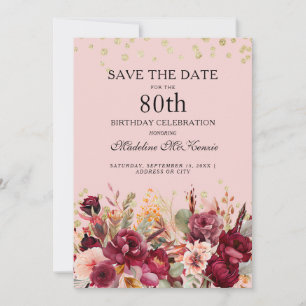 Pink Burgundy Floral Gold Glitzer 80. Geburtstag Save The Date