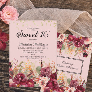 Pink Burgundy Floral Gold Glitzer Sweet 16 Einladung