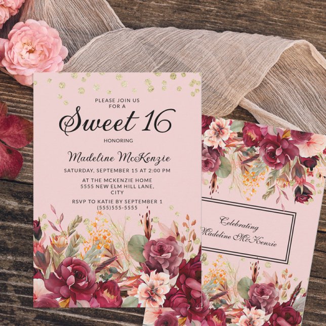 Pink Burgundy Floral Gold Glitzer Sweet 16 Einladung (Von Creator hochgeladen)