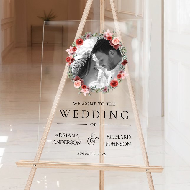 Pink Burgundy Floral Photo Wedding Welcome Sign Acrylschild (Von Creator hochgeladen)