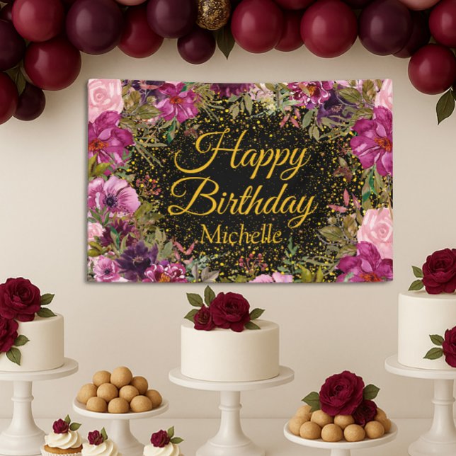 Pink Burgundy Glitzer Black Happy Geburtsname Banner (Pink and black floral birthday banner with gold lettering and glitter)