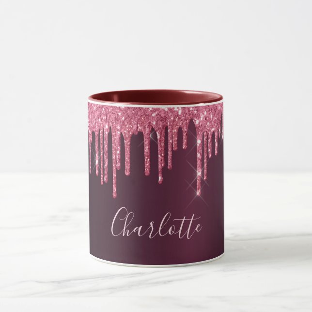 Pink burgundy Glitzer Tropfen Namensskript Tasse (Zentrum)